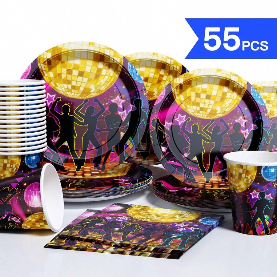 Disco Night Disposable Plate, Napkin, Cup Set, Plates, Napkins And Cups Party Supplies, Suitable For 10 Guests, Disposable Paper Plates Party Tableware Suitable For Birthday, Wedding, Party, Family Picnic - View 1