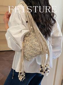 波西米亚风木珠流苏编织网袋 - 女士休闲沙滩度假单肩包 - 白色 - 查看 9