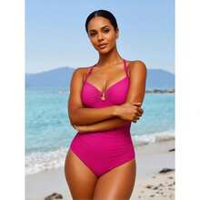 Black/Fuchsia Thin Strap V-Clip One-Piece Swimsuit Black/Red Halter Deep V One-Piece Swimsuit Waist Shaping Tummy Control Sexy Vacation Swimwear Collection. This Swimsuit Has A Fitted Design. Due To Body Shape Differences, You May Feel Slightly Tight When Wearing It, Which Is Normal. If You Are Fuller-Figured Or Prefer A Looser Fit, We Strongly Recommend Choosing 1-2 Sizes Larger. - KA-P910-07 - Xem 3