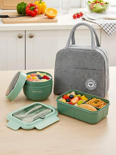 Lunch Box, School Lunch Box, Green Bento Box With Spoon And Fork, Lunch Bag, Microwave- Leak-Proof Divided Lunch Box, Portable For School, Work, Outdoor, Camping