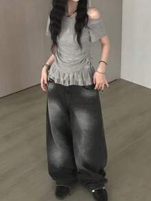 Conjunto de 2 piezas de top de manga corta con lazo y camiseta interior fruncida de encaje, estilo sexy y casual para el verano - Gris - Ver 7