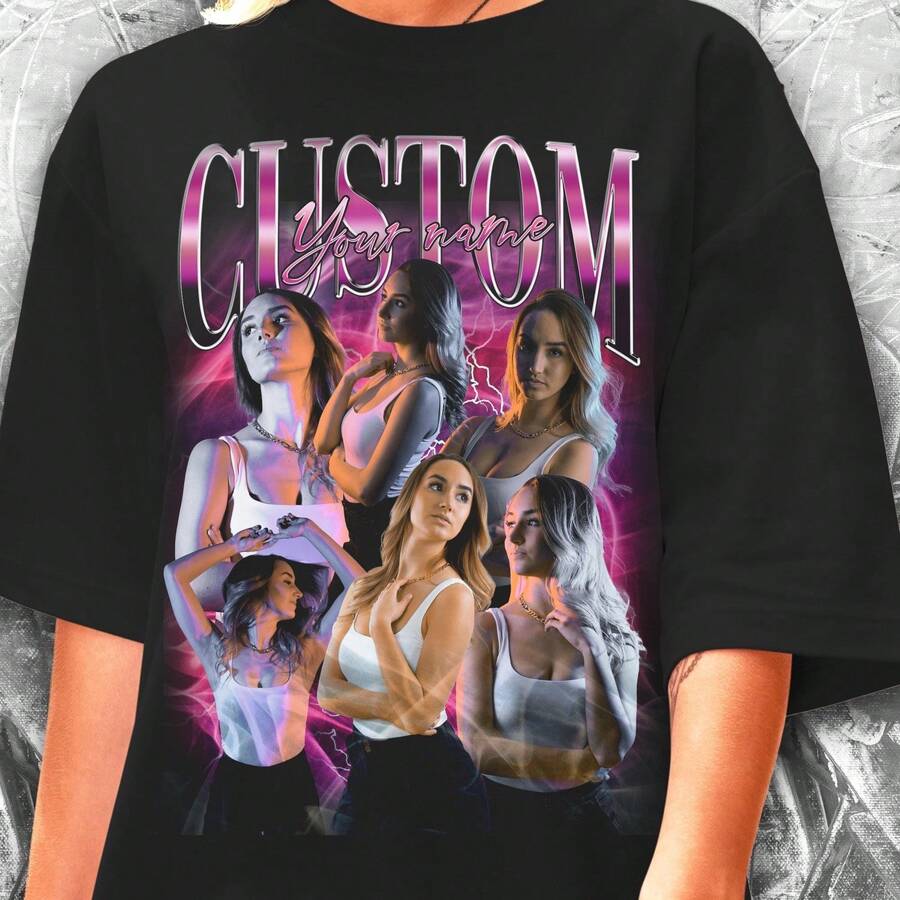 Personalized 90s Bootleg T-Shirt Custom Photo Collage Design Girlfriend T Shirt Personalised Vintage Tshirt 90s Bootleg - 黑色 - 查看 1