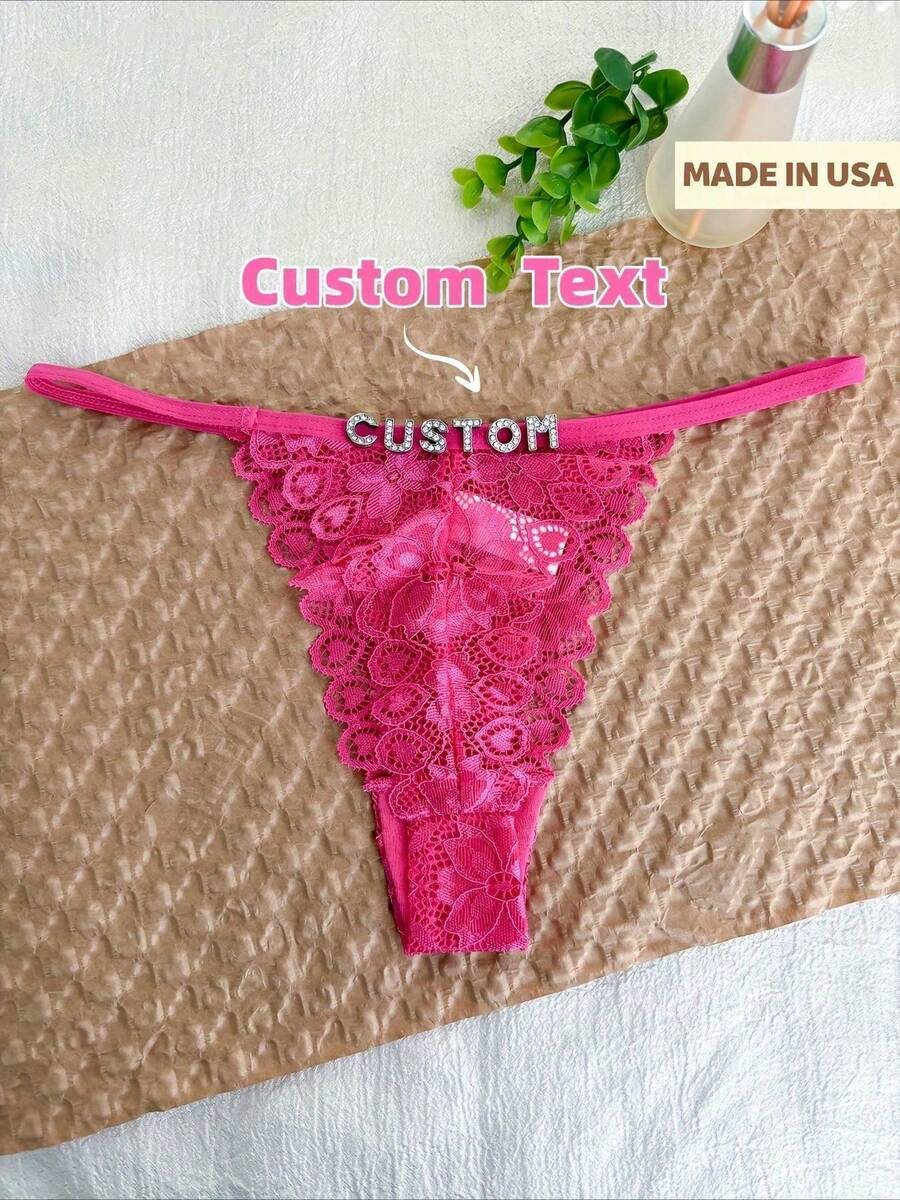 Customize Lace Floral Thongs With Any Letter, Sparkling Crystal English Letter Thin Ribbon Hollow Underwear With Names, G-String,Tanga, Exotic Thongs, Couple Gifts, Wedding Underwear Gifts, Personalized Gifts For Singles Parties, Personalized Gifts For Girlfriends/Wives/Lovers/Friends' Anniversaries/Valentine's Day/Birthdays/Weddings/Holidays/Dates/Holidays/Bedrooms/Living Rooms - Hot Pink - View 1
