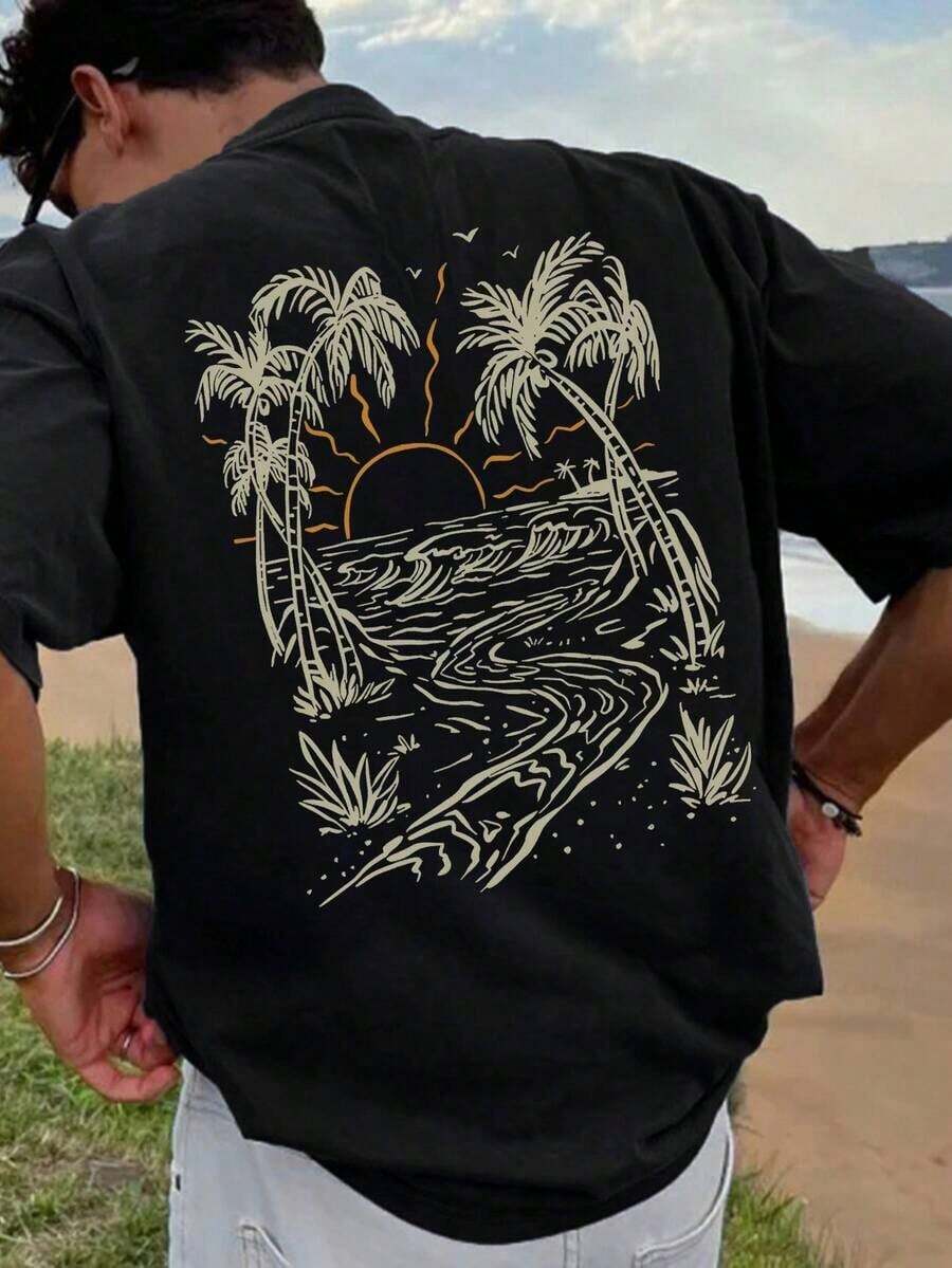 Men's Short-Sleeved T-Shirt With A Vacation-Style Island Print, Suitable For Summer, Comfortable And Breathable, Leading Fashion - 黑色 - 查看 1