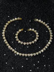 2pcs/Set Romantic Charm Classic Hip-Hop Elegant Shiny Heart Bracelet Necklace, Fashion Jewelry For Women, Suitable For Party, Wedding, Music Festival - Perfect Gift For Valentine's Day, Friendship, Wife Or Girlfriend - A - View 11