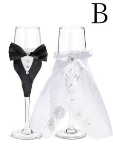 2 piezas Cubiertas para botella y copa de champán de novia y novio, accesorios decorativos para fiesta de compromiso - Múltiples estilos - Ver 6