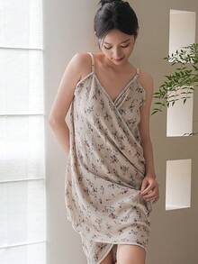 Đầm/áo choàng hai dây bằng vải gạc cotton mỏng nhẹ in họa tiết, áo choàng tắm/đồ ngủ gợi cảm lãng mạn. - Màu nâu  Mocha - Xem 8