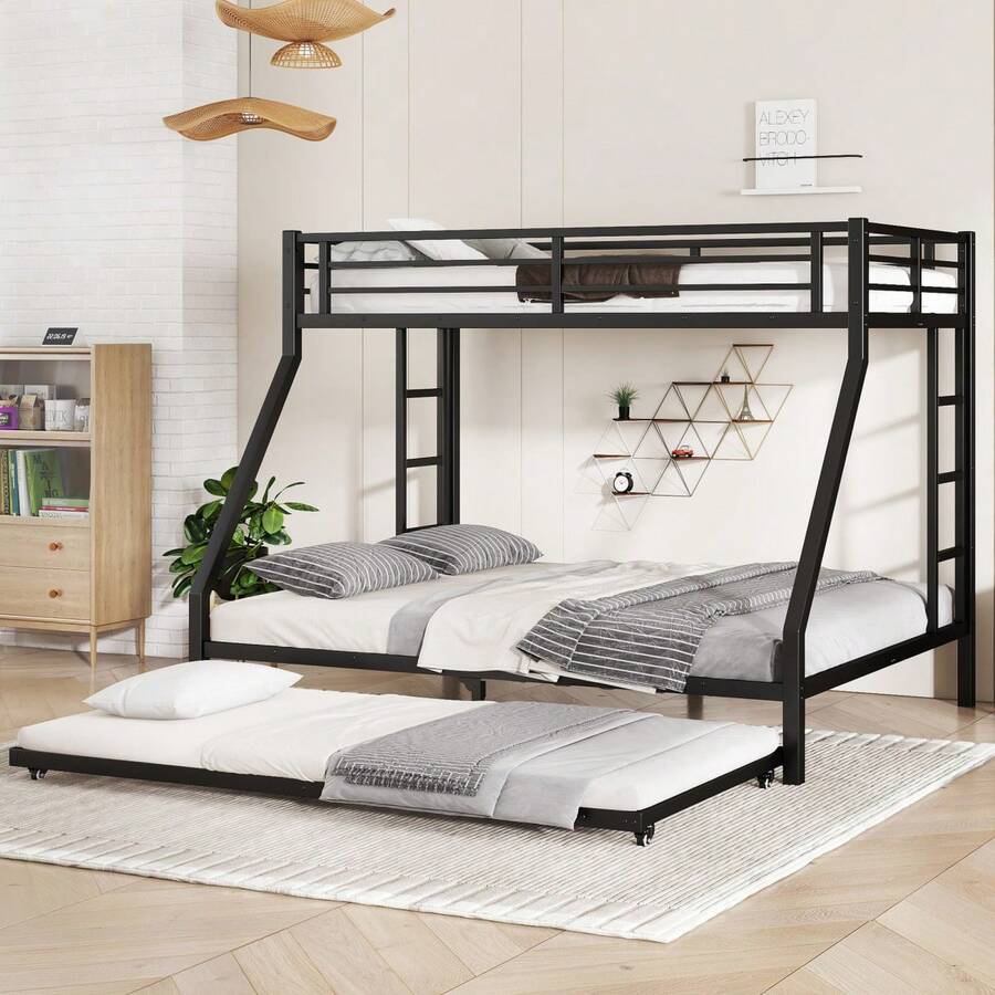Cama litera de metal Twin XL sobre Queen con cama nido de tamaño individual, negra - Negro + Metal + Twin XL - Ver 1
