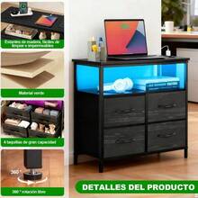 Furrific® Cómoda Cajonera Grande Con 4 Cajones Tocador De Tela Capacidad Cómodas Chifoniers Cajonera con1.5M Enchufes, Burós con RGB Led, Armario de Almacenamiento Tamaño 62*30*60CM - por defecto - Ver 2