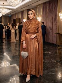 闪亮优雅褶皱斗篷长袍，时尚反光面料晚礼服，适合各种派对和庆典，穆斯林女装 - 棕色 - 查看 8