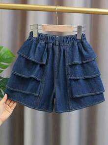 Girls' Fashionable Versatile Ruffled Denim Shorts, Comfortable Lightweight Beach Vacation Denim Shorts, Casual Daily Shorts, Cute Girls' Shorts, Holiday Shorts, Back To School Essential, Elastic Waist For Comfort - Dark Wash - View 2