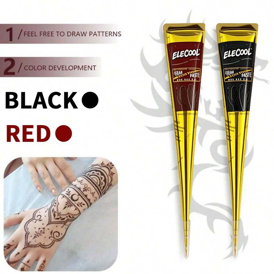 Henna Cone Tattoo Kit Available In Multiple Colors, 12 Random Reusable Stencils | Pre-Mixed Natural Mehndi Paste For Temporary Body Art | Waterproof, Smudge-Proof, Long-Lasting | DIY Kit Suitable For Beginners For Parties, Festivals, Halloween, And Weddings - 黑色+紅色 - 查看 1