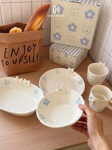 1 pieza Conjunto de vajilla con conejo emocional, que incluye taza, taza con asa, plato, tazón, adecuado para diversas ocasiones, hogar, cocina, comedor, apto para diferentes alimentos, vajilla, vajilla multifuncional, regalo festivo, gran opción de regalo - Multicolor - Ver 1