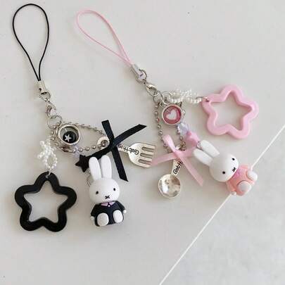MIFFY 1件可爱米菲卡通兔子主题手机挂绳包 | 星形相框和叉勺装饰 | Y2K朋克风格装饰礼品玩具，耐用手机包挂绳 | 精美粉色日常配饰