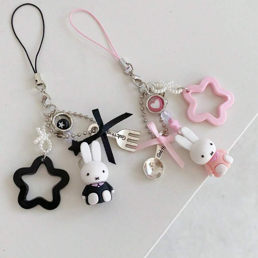 1pc Cute Miffy Cartoon Rabbit Theme Phone Lanyard Strap | Star Frame And Fork Spoon Decor | Y2K Punk Style Decor Gift Toy, Durable Phone And Bag Strap | Lovely Pink Daily Use Accessory - Multicolor - View 1