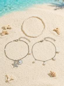 3pcs/Set Faux Pearl Beaded Metal Starfish & Shell Pendant Anklet, Multilayer Beach Jewelry For Women, Suitable For Daily Wear And Vacation - Multicolor - View 3