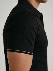 GRDR 男士 Polo 领竖条纹针织休闲简约短袖 T 恤 - 日常通勤服 - 黑色 - 查看 5