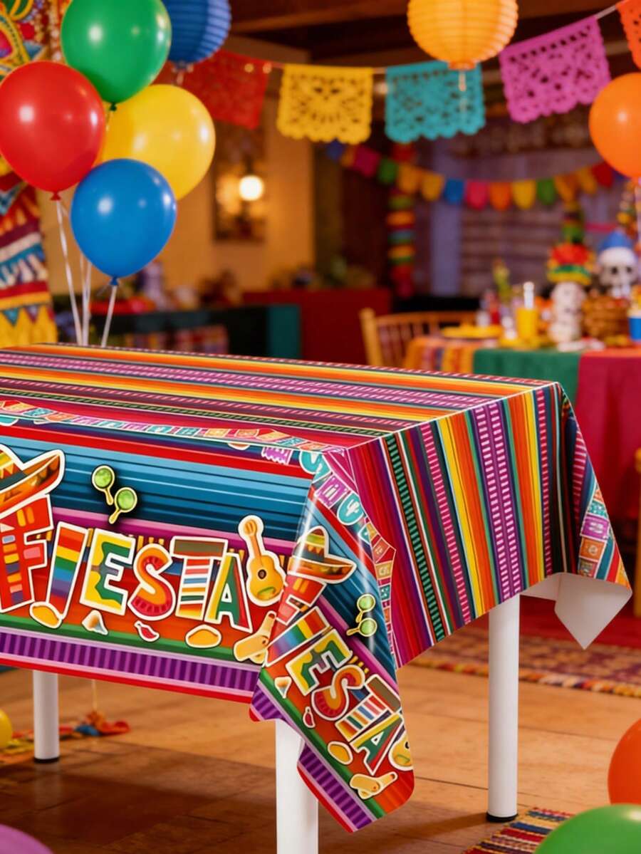 1pc Colorful Striped Mexican Fiesta Tablecloth, PE Table Cover For Cinco De Mayo Party Decoration, Disposable Easy To Clean Mexican Themed Indoor Outdoor Tabletop Decor, Mexican Holiday Celebration Gift