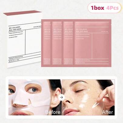 4pcs Bio-Collagen Real Deep Mask, Hydrating Overnight Hydrogel Mask, Pore Minimizing, Elasticity, Plumping Improvement, Korean Skincare, Stocking Stuffers For Teen Girls | 1.19oz(34g) X 4ea