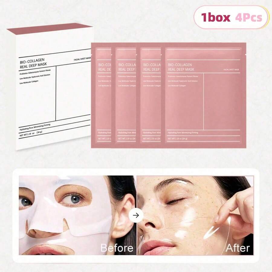 4pcs Bio-Collagen Real Deep Mask, Hydrating Overnight Hydrogel Mask, Pore Minimizing, Elasticity, Plumping Improvement, Korean Skincare, Stocking Stuffers For Teen Girls | 1.19oz(34g) X 4ea - 白色 - 查看 1