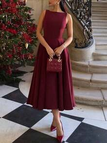 Elegant French Romantic Backless Hollow-Out Cinched Waist Sexy Charming Maxi Dress, Suitable For Christmas, Holiday Party, Date Black Summer - Màu Đỏ Sâu - Xem 5