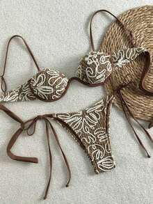 Women's Embroidered Crochet Bikini Set Featuring Underwire Bra And Side Tie Bottoms For A Chic Beach Look Vacation Summer - 綠色 - 查看 9