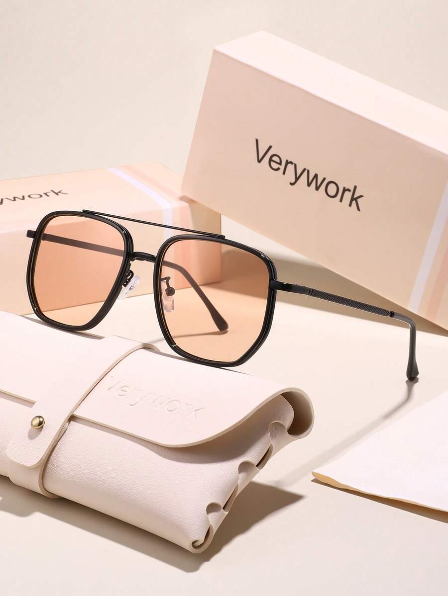 Verywork 1pc Women Advanced Sense Unique Double Beam Design Pilot Frame Superior Quality Elegant Luxury Brand Designer Fashion Eyeglasses Comes With Storage And Wiping Cloth For Ideal Choice For Gift Business Casual Woman Going Out Outfit - 彩色 - 查看 1
