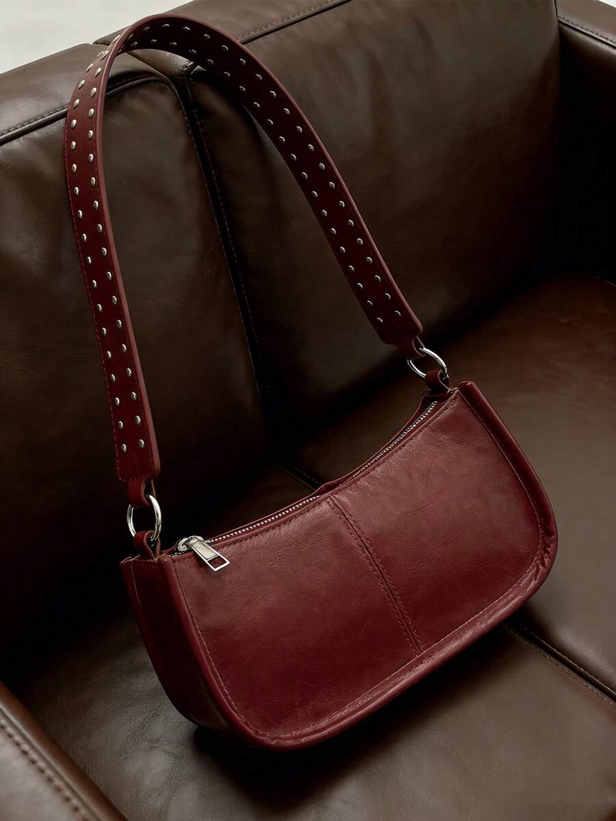 Túi đeo vai da PU kiểu retro thời trang mới, thiết kế đính đinh tán, túi đeo vai tối giản màu trơn, màu đỏ tía, phong cách đường phố, khóa kéo, thích hợp cho mua sắm, tụ họp, du lịch, phối đồ, tham dự các sự kiện yêu thích. - Đỏ - Xem 1
