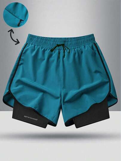 男士抽绳腰带拉链口袋双层设计男女通用休闲运动短裤，适合徒步、骑行、篮球、跑步、情侣装、冬季夏季室内运动