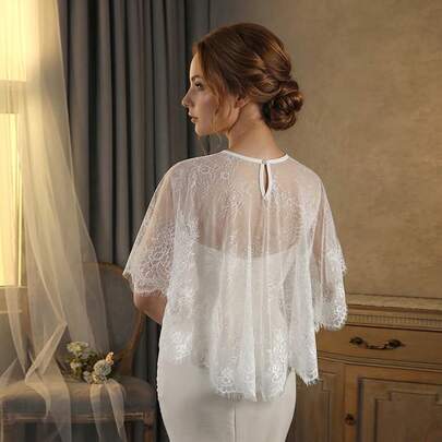 1pc Crew Neck White Sleeveless Lace & Soft Mesh Bridal Shawl, Short Style, Minimalist Wedding Jacket For Photography, Suitable For Wedding, Party, Event, Elegant Fashion Accessory For Bride