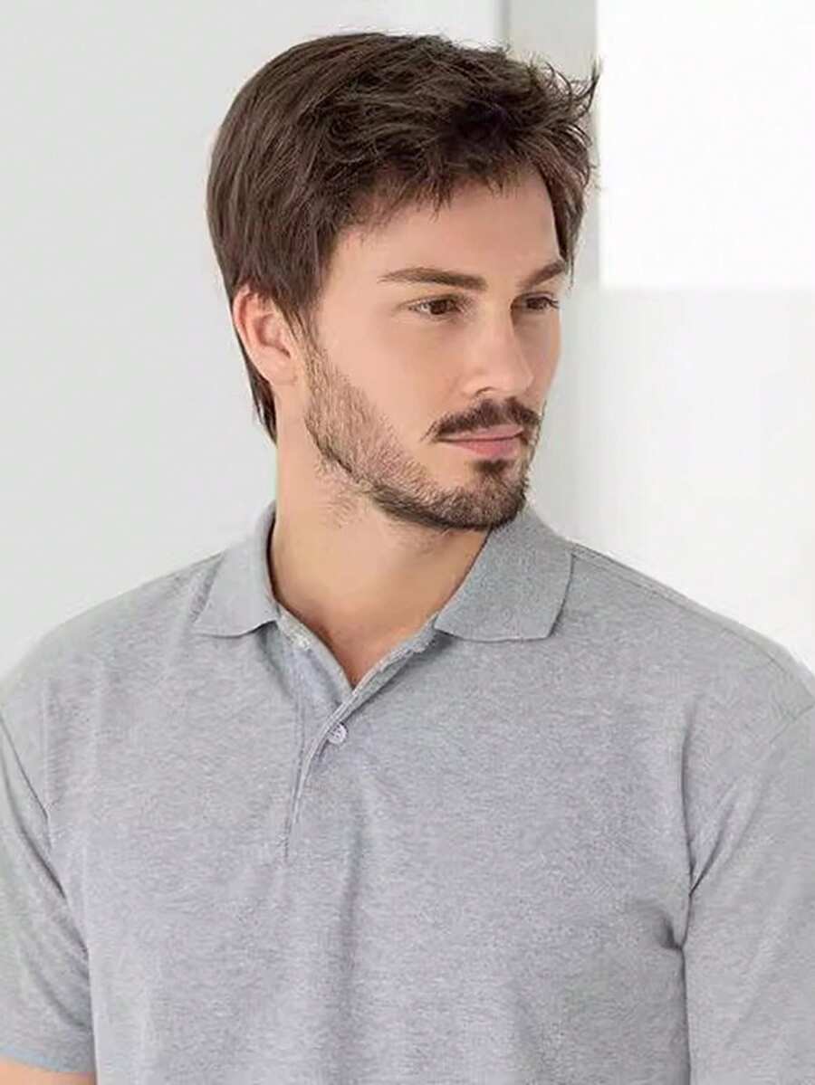6inch Brown Short Straight Wig, Fluffy Synthetic Fiber Full Head Wig For Men, Fashionable Daily Wear, Suitable For Parties, Masquerades And Costume Events - Brown - View 1