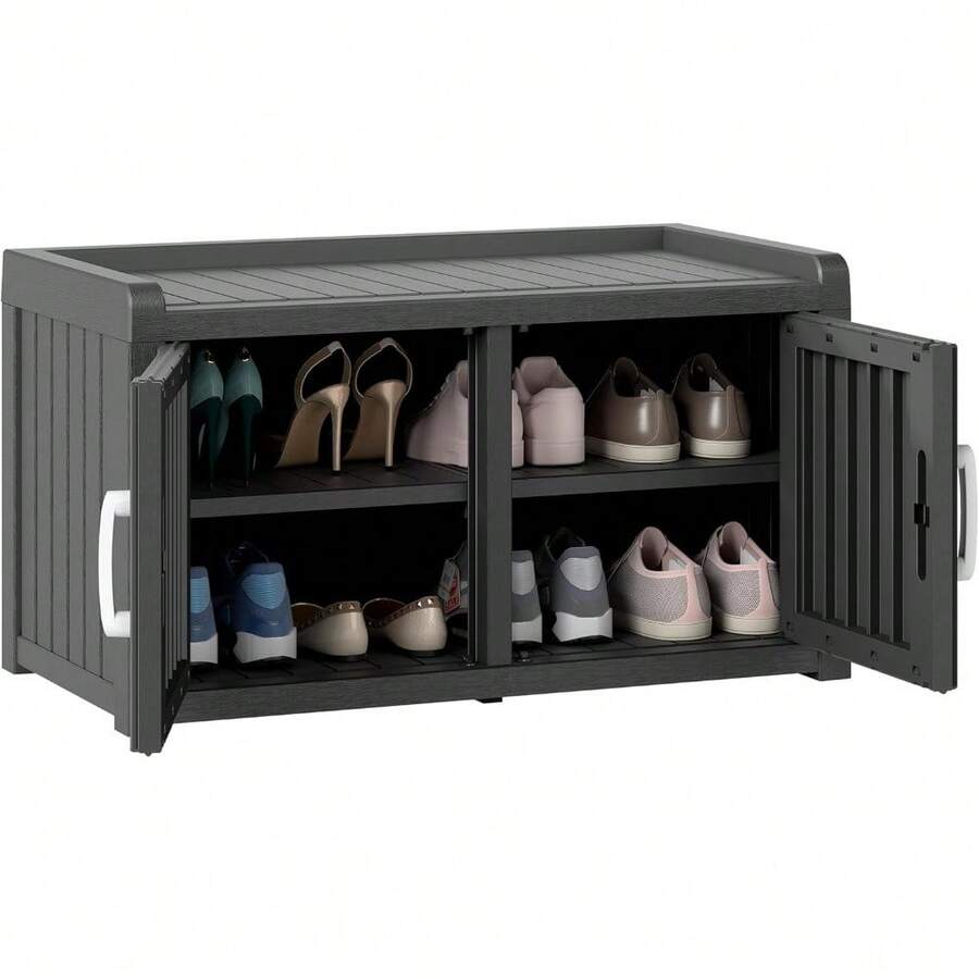 2-Tier Storage Bench, Waterproof UV-Resistant Outdoor Shoe Storage Cabinet With 2 Doors & Adjustable Shelves For Indoor Outdoor Entryway, Hallway, Living Room (Black) - 黑色 - 查看 1