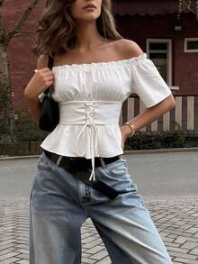 Áo sơ mi nữ tay ngắn, trễ vai, thắt nút phía trước. - trắng - Xem 3