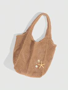 大容量度假风手提包，独特设计单肩包，配贝壳吊坠链，时尚高端女士腋下包，镂空钩编包，适合海滩度假及其他场合 - 彩色 - 查看 11