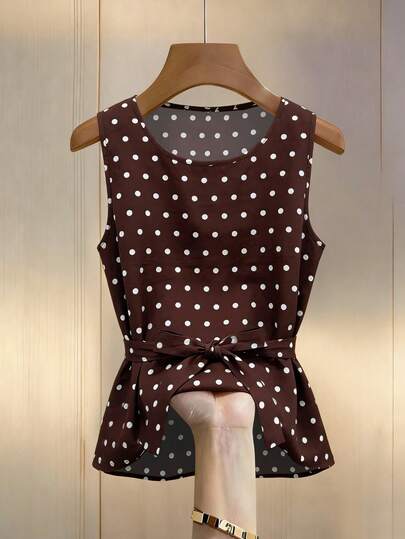 女士休闲波点图案无袖系带背心，春夏款