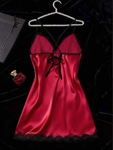 Carnival Party Valentine's Day Gift Women's Solid Color Sexy Sleepwear Nightgown - Lace Trim Criss-Cross Design, High Slit V-Neck Pajama Set - 酒紅色 - 查看 2