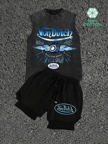 Y2K Streetwear Men's VonDutch Flying Eyeball Graphic Print Tank Top & Drawstring Layered Shorts Two Piece Outfit - 黑色 - 查看 2