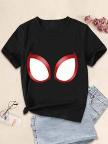 Spidey Verse Eyes T-Shirt For Women  Avengers Miles Morales Spiderverse Superheroes Apparel  Ladies Fashion Tops  Casual Tees  Graphic Novelty Wear  Comic Book Inspired Short Sleeve Shirts  Iconic Eye Design Womenswear - 黑色 - 查看 1