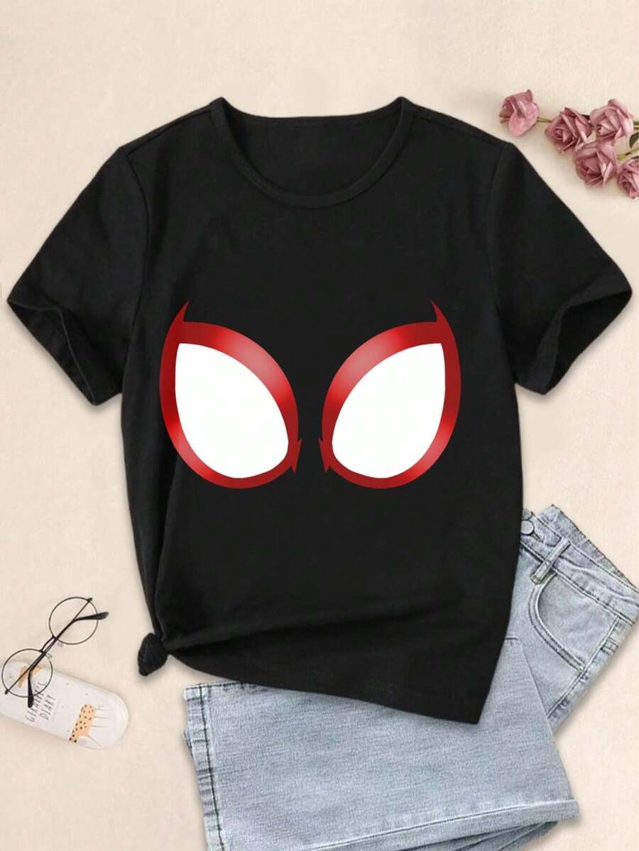 Spidey Verse Eyes T-Shirt For Women Avengers Miles Morales Spiderverse Superheroes Apparel Ladies Fashion Tops Casual Tees Graphic Novelty Wear Comic Book Inspired Short Sleeve Shirts Iconic Eye Design Womenswear - 黑色 - 查看 1