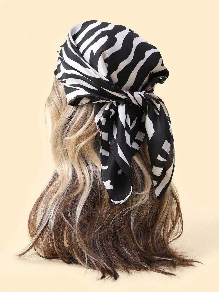 1pc Zebra Pattern Printed 70cm Small Scarf, Women Casual Simple Decoration Waistband Headband Hair Accessory Fashion Neckerchief For Dress - Đen và trắng - Xem 1