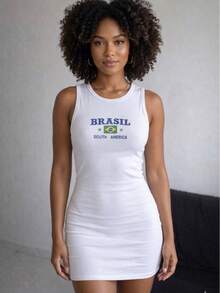 Brazilian Women's Short Fitted Dress Set With Embroidery On Premium Ribbed Knit Fabric - Sporty, Casual, Sensual Cup Style, Casual Knit - 白色 - 查看 1