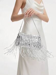 女士银色亮片流苏单肩包，闪亮晚宴手拿包，适合派对、婚礼、舞会等场合 - 銀色 - 查看 3