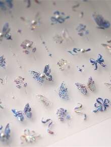 5D珍珠蝴蝶美甲贴纸，全息水晶仙女玫瑰蝴蝶结贴花，春日魅力箔纸包装 - 淺藍色 - 查看 5