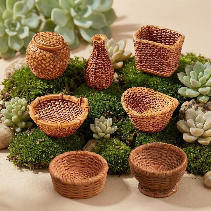Bộ 7 món hoàn chỉnh: Bao gồm lọ có nắp, bình hoa thon dài, giỏ vuông, giỏ nông có quai đôi, giỏ hình bầu dục, giỏ tròn dẹt và giỏ tròn có chân đế, bao gồm các hình dạng đan lát mây tre cổ điển để tạo nên nhiều không gian trang trí đa dạng. - Nhiều màu - Xem 1