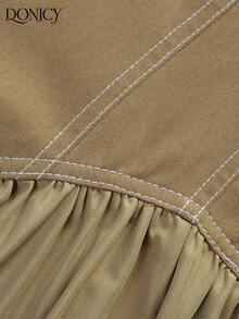 DONICY 卡其色无肩带褶皱上身中长连衣裙，喇叭裙摆，女士休闲沙滩度假连衣裙 - 卡其色 - 查看 3