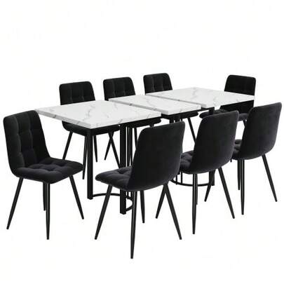 Dining Set (5 Pieces), Extendable Dining Table For 4 People, 140*80 Cm Dining Table With 4 Chairs, Metal Frame, Rectangular Dining Table, Black Velvet Dining Chairs, Dining Set