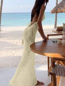 Apperloth A Áo khoác ngoài dệt kim xuyên thấu không tay cổ tròn ôm sát kiểu Y2K, trang phục đi biển mùa hè (Nữ) - Màu be - Xem 3