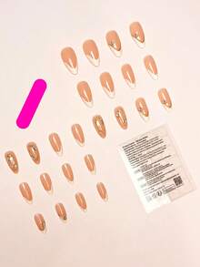 24片/套 优雅白色法式美甲贴纸，饰以奢华金色线条，点缀3D珍珠和水钻，杏仁形，包含甲油胶和指甲锉，适合女孩和女士日常、派对、活动佩戴 - 彩色 - 查看 3