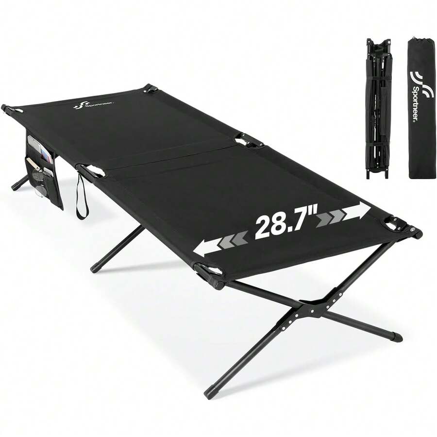 Adults Sleeping Camping Cot With Side Pockets And Storage Bag, 78.3"X28.7"X14.6" Comfort Travel Guest Bed, Easy Assembly, 330 Lbs Weight Capacity - Blue - View 1