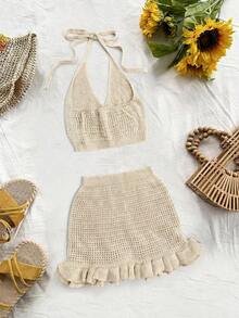 Women's Summer Boho Festival Knit Set, Fitted Hollow-Out Sexy Halter Top And Ruffled Hem Short Skirt Cover-Up Two Pieces Set,Vacation Beach - Apricot - View 8